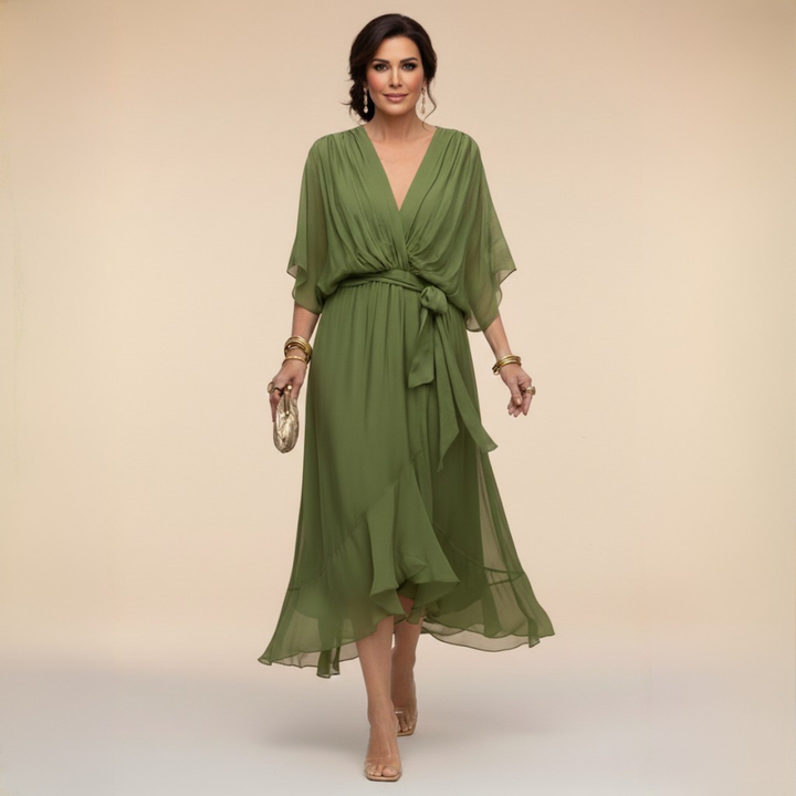 V-neck wrap midi dress with tie waist on a plain background.