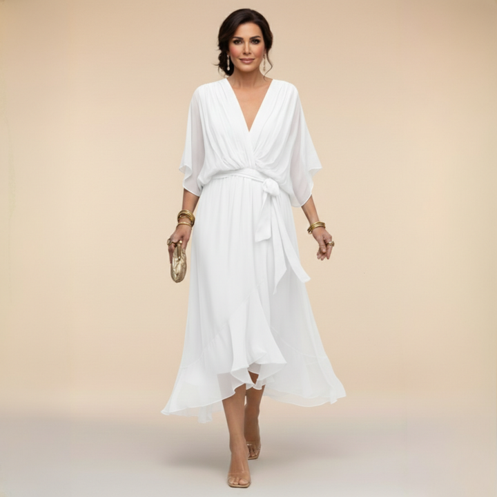 Tie waist midi dress with wrap front displayed on a plain background.