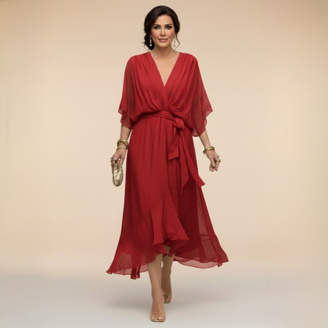 V-neck wrap dress with midi length shown on a plain background.