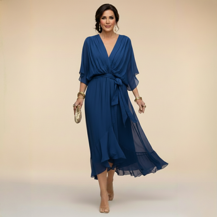 V-neck midi dress with adjustable waist tie shown on a plain background.