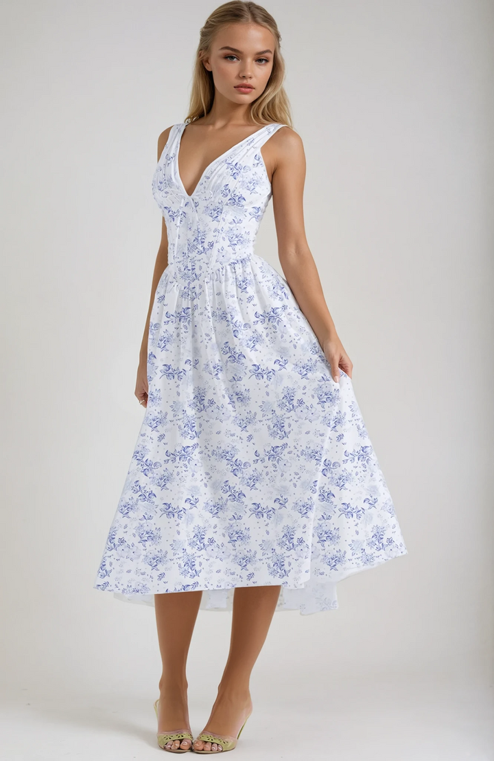 Graceful women’s dress with soft movement against a plain background.