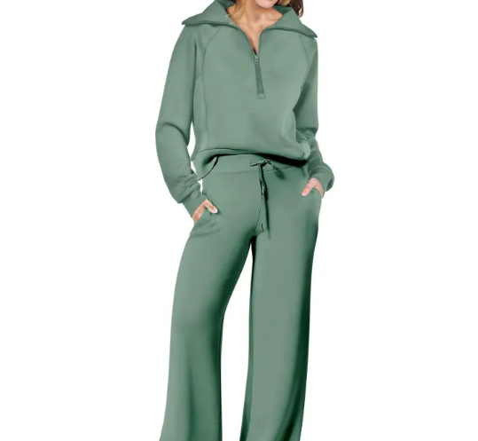 Perlacine | Women's Soft Knit Lounge Set – Relaxed Matching Two-Piece Outfit — Green
