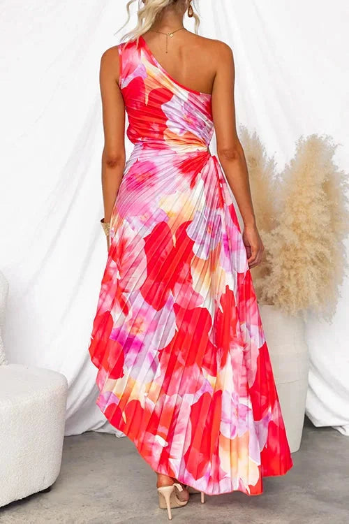 Perlaisse | Women's Elegant flowy red floral one-shoulder maxi dress — 2
