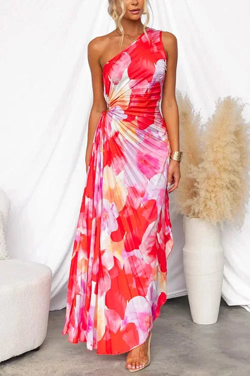 Perlaisse | Women's Elegant flowy red floral one-shoulder maxi dress — Rose Red