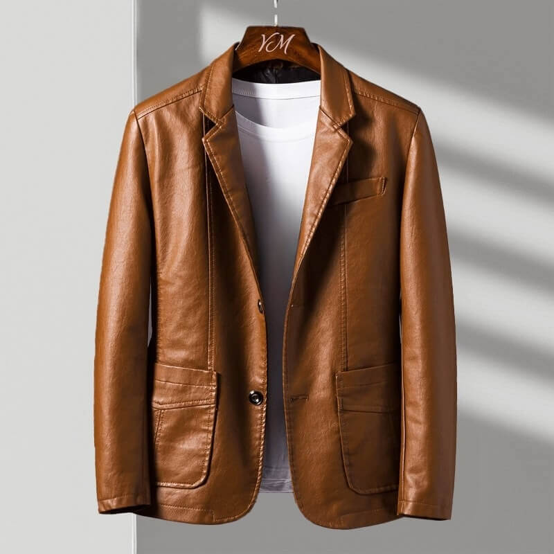 Perlalise | Women's Casual Stretch Tailored Faux Leather Jacket with Two-Button Front Top — Cognac Brown