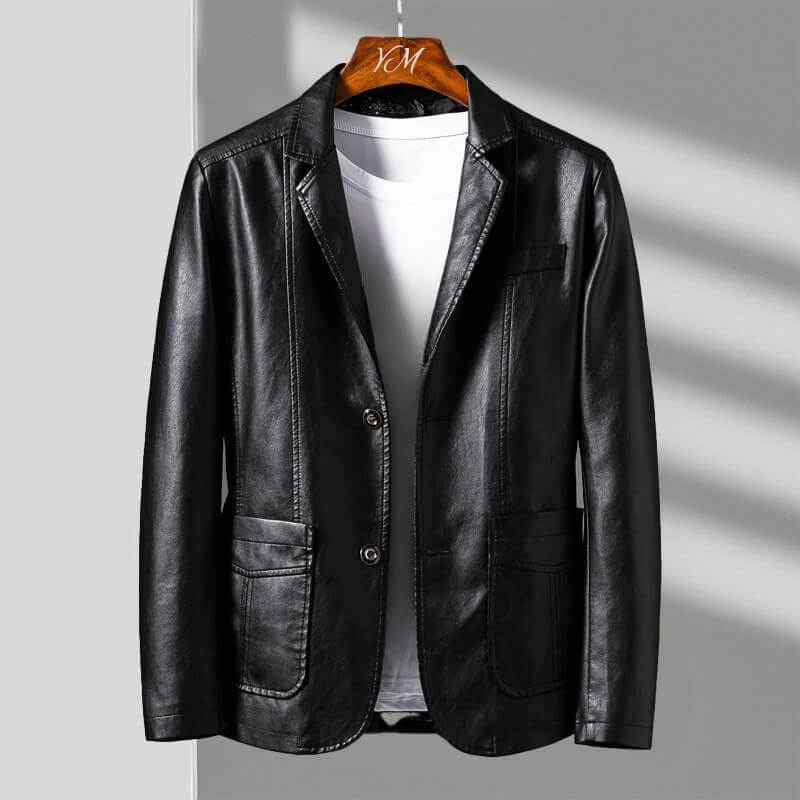 Perlalise | Women's Casual Stretch Tailored Faux Leather Jacket with Two-Button Front Top — Obsidian Black