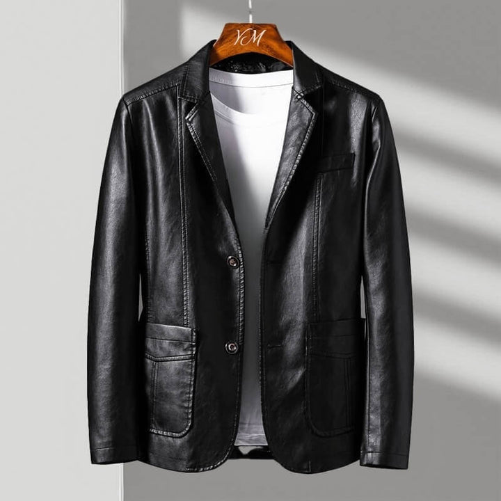 Perlalise | Women's Casual Stretch Tailored Faux Leather Jacket with Two-Button Front Top — Obsidian Black