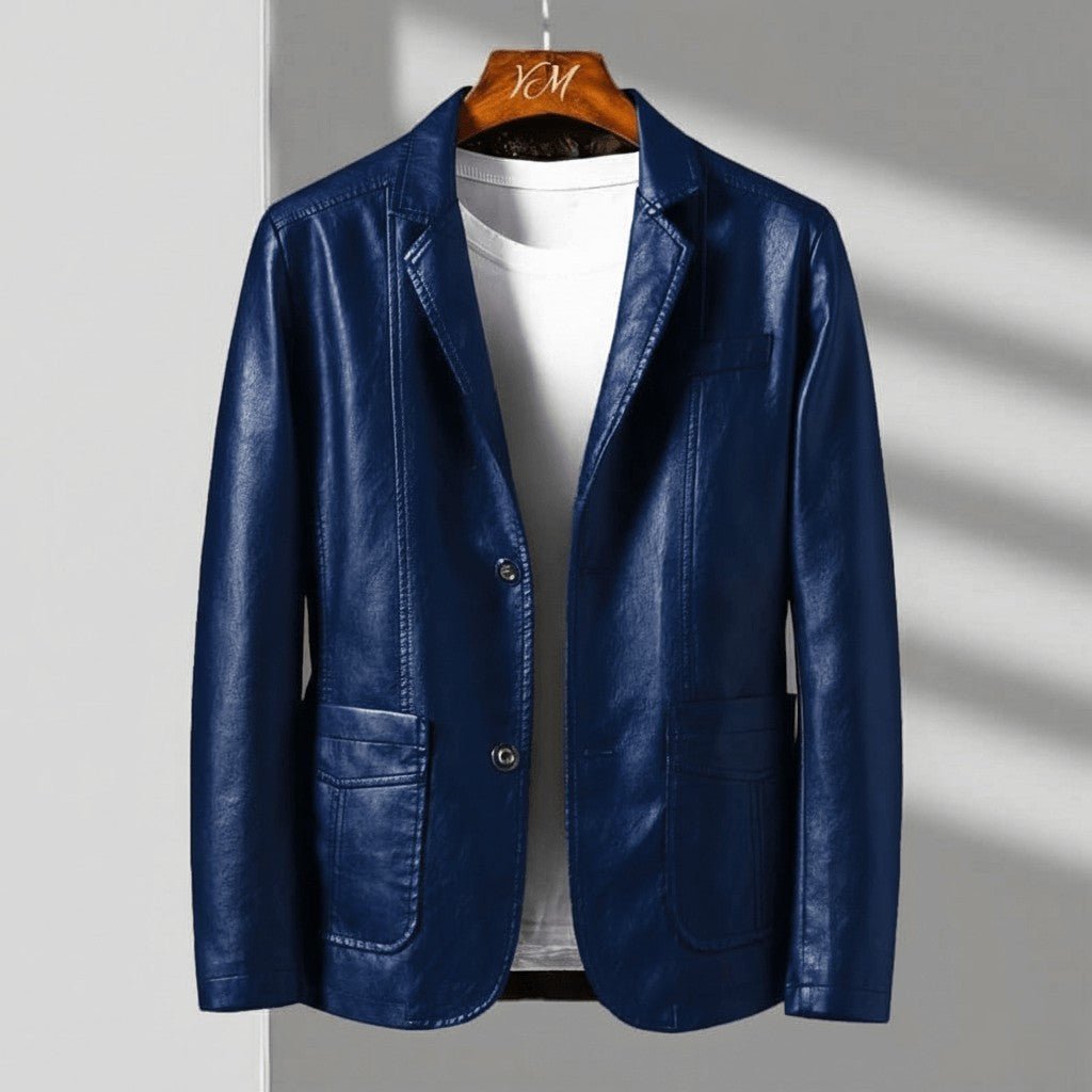 Perlalise | Women's Casual Stretch Tailored Faux Leather Jacket with Two-Button Front Top — Royal Blue