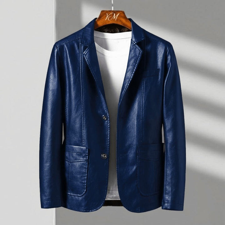 Perlalise | Women's Casual Stretch Tailored Faux Leather Jacket with Two-Button Front Top — Royal Blue