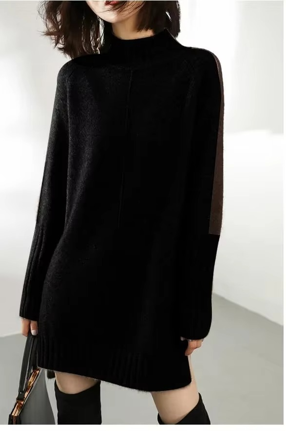 Perlaphine | Women's Elegant Chic Turtleneck Knit Sweater Dress with Long Sleeves — Black