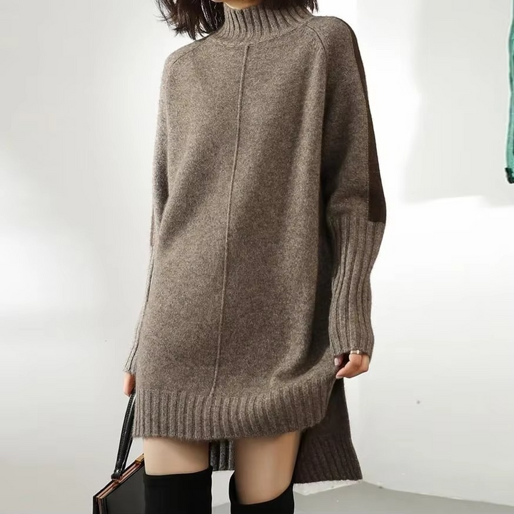 Perlaphine | Women's Elegant Chic Turtleneck Knit Sweater Dress with Long Sleeves — Gray