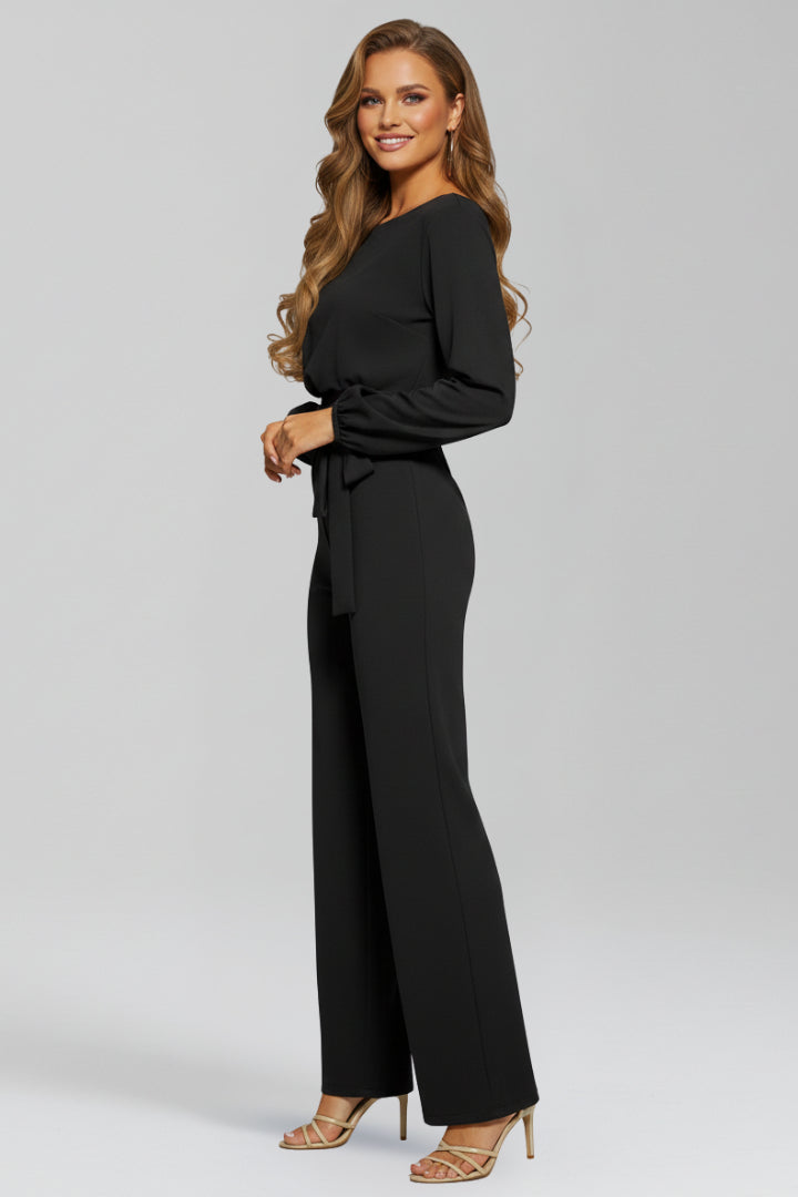 Perlariel | Women's Wide-Leg Elegant Classic Long Sleeve Jumpsuit With Tie Waist — 2