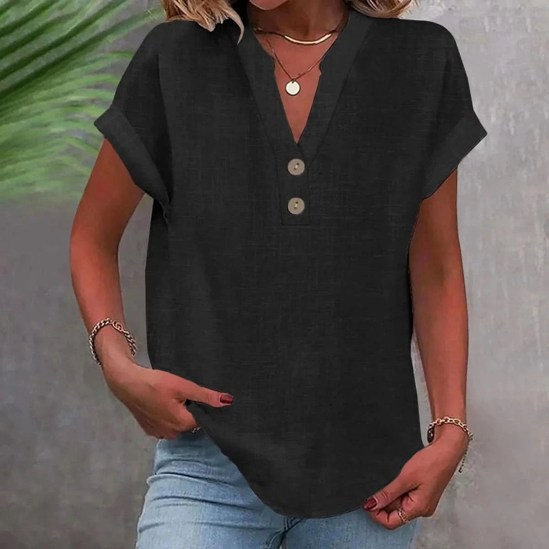 Persephone | Women's Casual Stretch Breathable Linen Top V Neck — Black