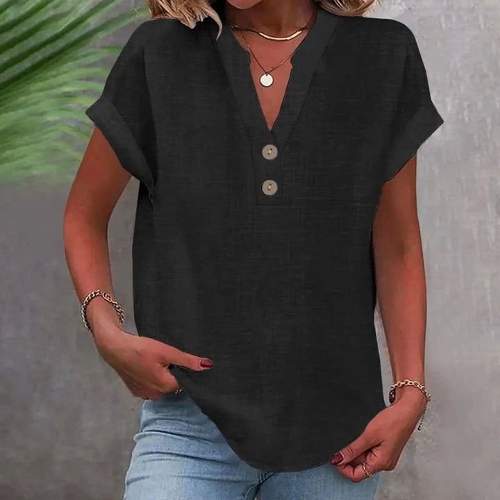 Persephone | Women's Casual Stretch Breathable Linen Top V Neck — Black