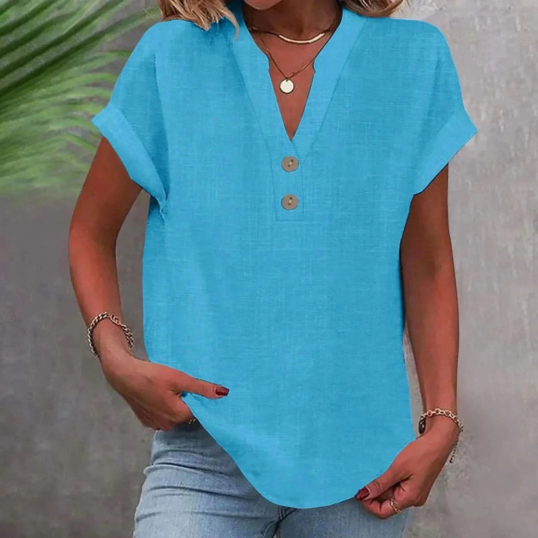 Persephone | Women's Casual Stretch Breathable Linen Top V Neck — Blue