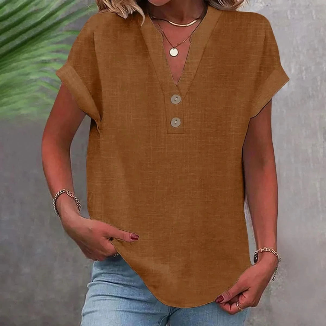 Persephone | Women's Casual Stretch Breathable Linen Top V Neck — Khaki