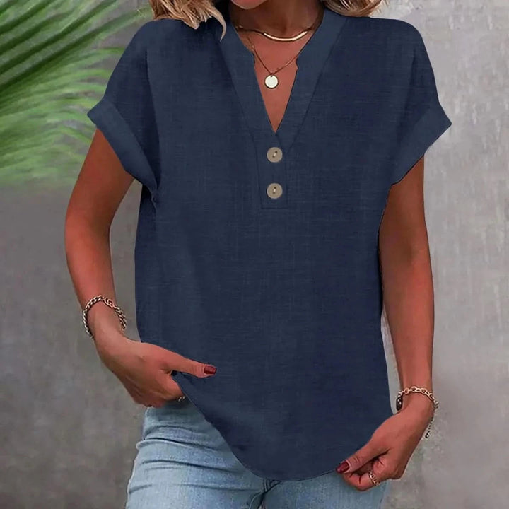 Persephone | Women's Casual Stretch Breathable Linen Top V Neck — Navy