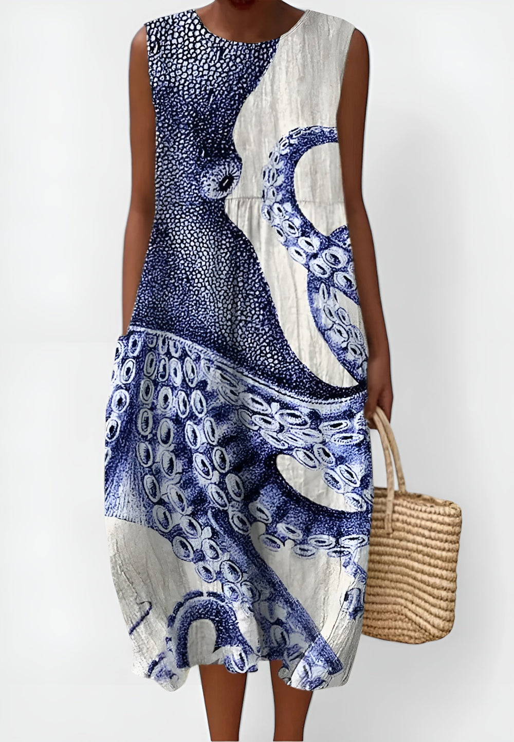 Petronella | Women's Wedding Guest Elegant Printed Sleeveless Midi Dress with Round Neck Dresses — Blue