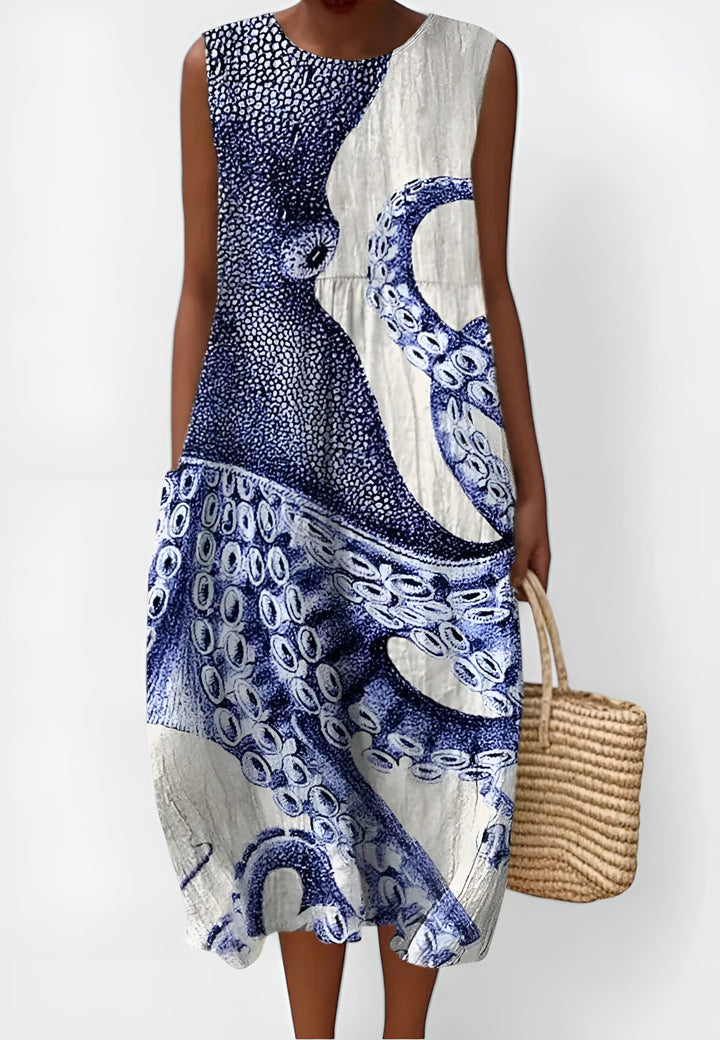 Petronella | Women's Wedding Guest Elegant Printed Sleeveless Midi Dress with Round Neck Dresses — Blue