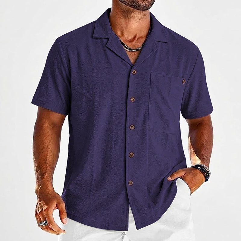  Male model styled in a breathable textured shirt against a plain background.