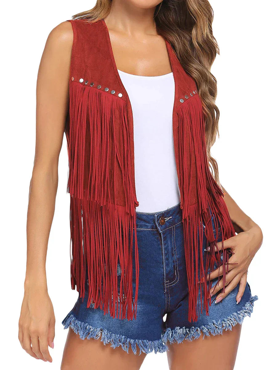 Philippa | Women's Casual Stretch Sleeveless Fringe Open Front Tops — Green