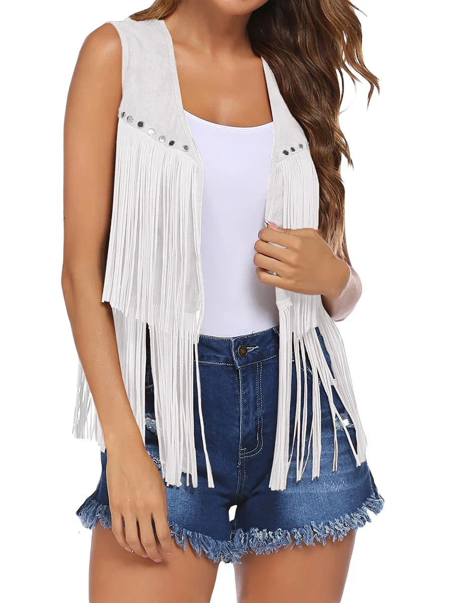 Philippa | Women's Casual Stretch Sleeveless Fringe Open Front Tops — White