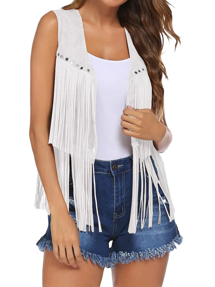 Philippa | Women's Casual Stretch Sleeveless Fringe Open Front Tops — White