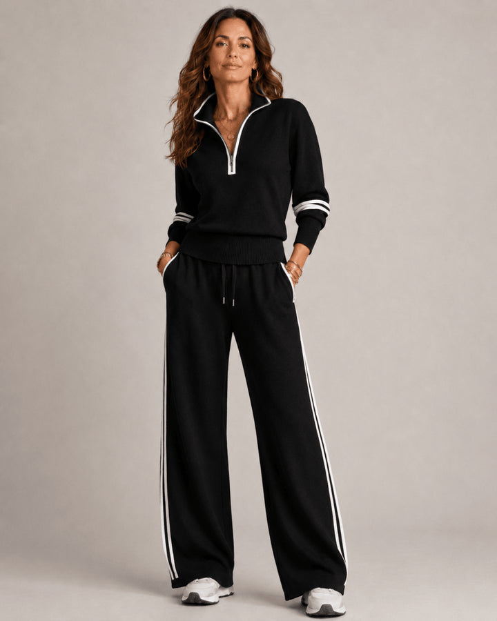 Pia | Women's Casual Stretch two-piece set with wide pants Tops — Schwarz