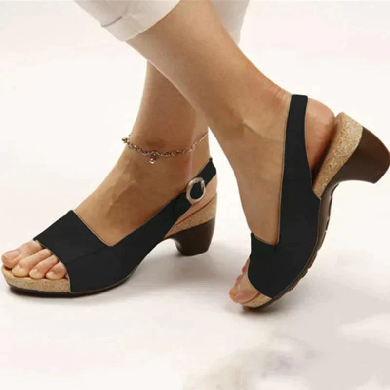 Front angle open toe sandals displayed on foot model