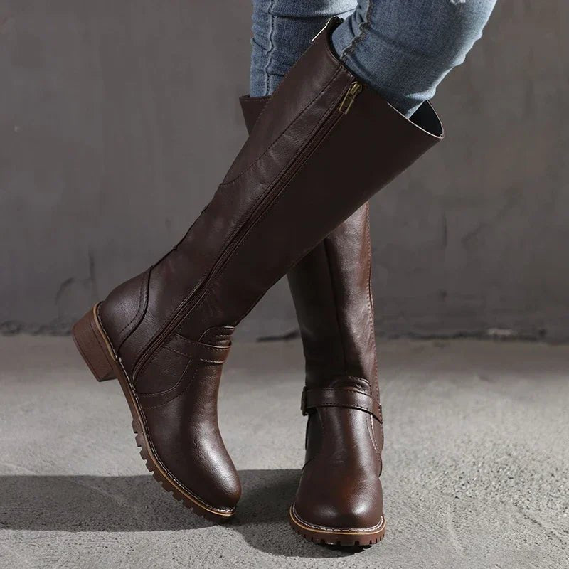 Prynora | Women's Low Block Heel Side Zip Knee High Riding Boots