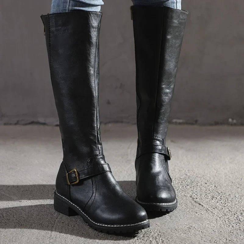 Prynora | Women's Low Block Heel Side Zip Knee High Riding Boots