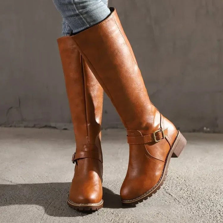 Prynora | Women's Low Block Heel Side Zip Knee High Riding Boots