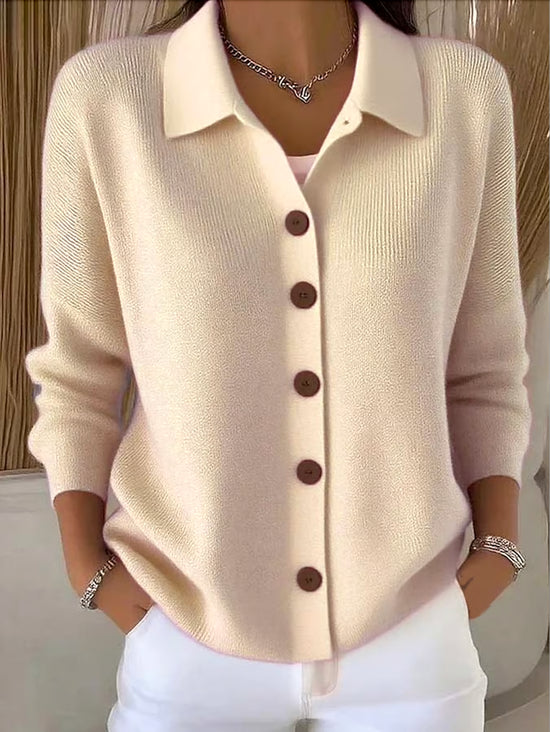 Prynynn | Women's Cozy Ribbed Knit Cardigan with Collared Button Front — Beige