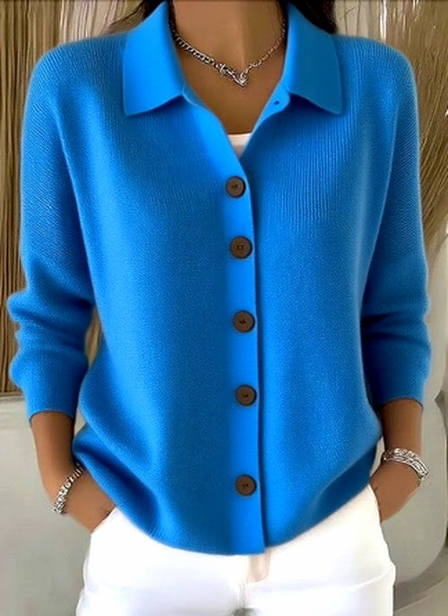 Prynynn | Women's Cozy Ribbed Knit Cardigan with Collared Button Front — Blue