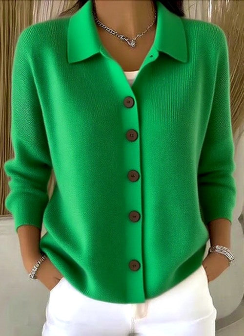 Prynynn | Women's Cozy Ribbed Knit Cardigan with Collared Button Front — Green