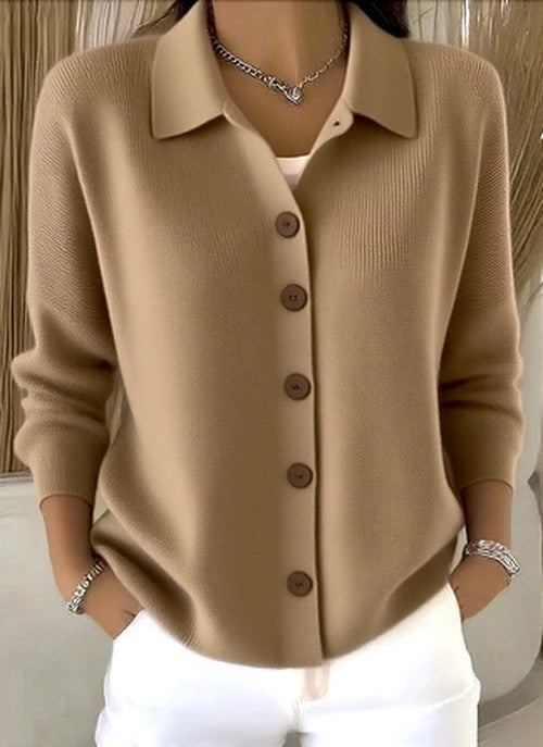 Prynynn | Women's Cozy Ribbed Knit Cardigan with Collared Button Front — Khaki
