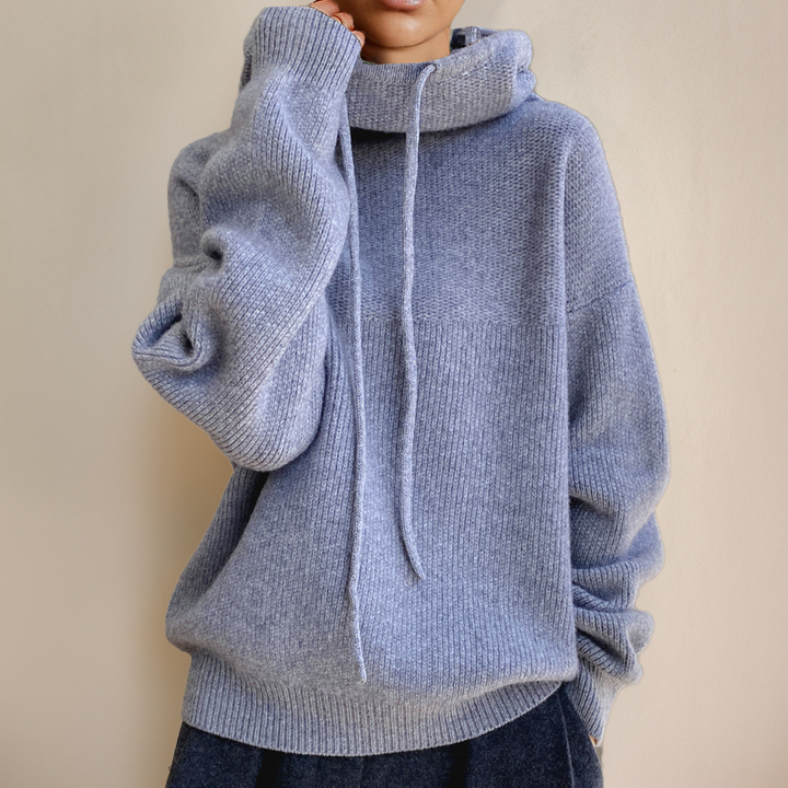 Quenina | Women's Cozy oversized Knit sweater with Cowl Neck and Drawstring Hoodie Detail — Blue