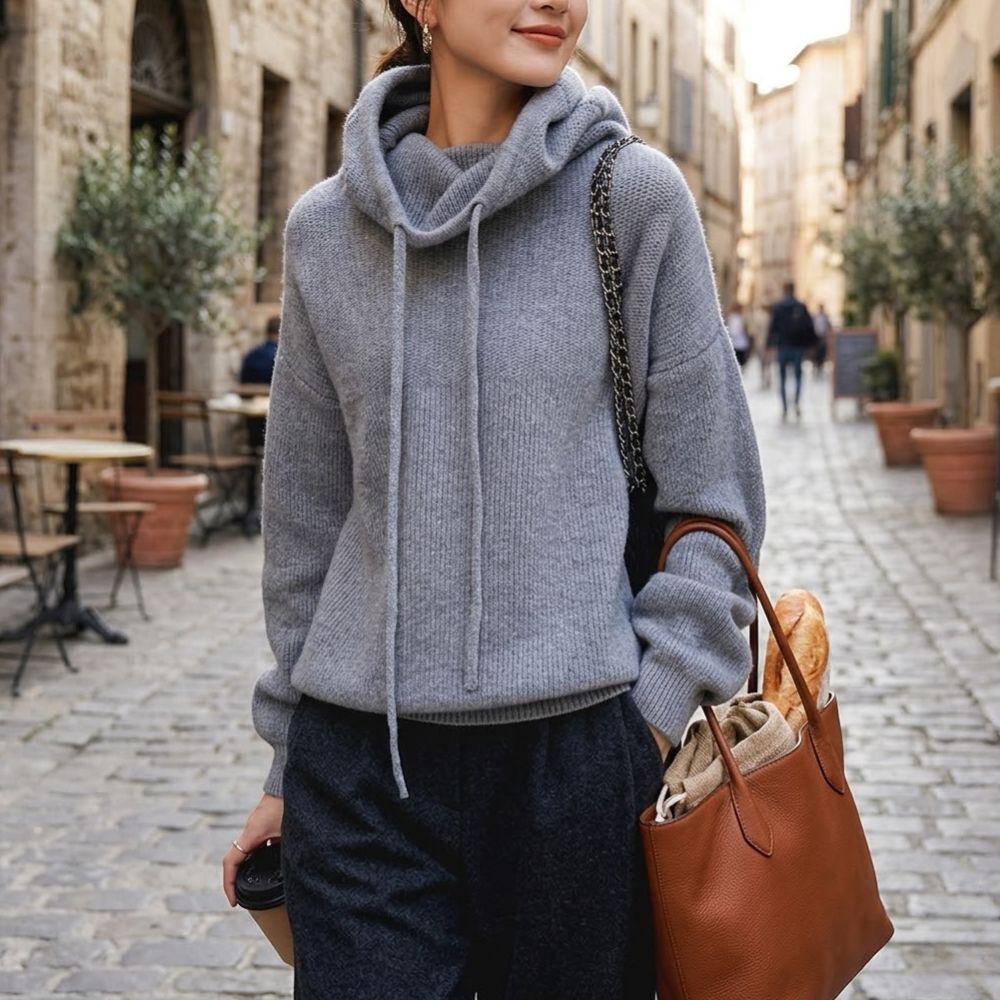 Quenina | Women's Cozy oversized Knit sweater with Cowl Neck and Drawstring Hoodie Detail — 1