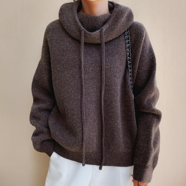 Quenina | Women's Cozy oversized Knit sweater with Cowl Neck and Drawstring Hoodie Detail — Brown