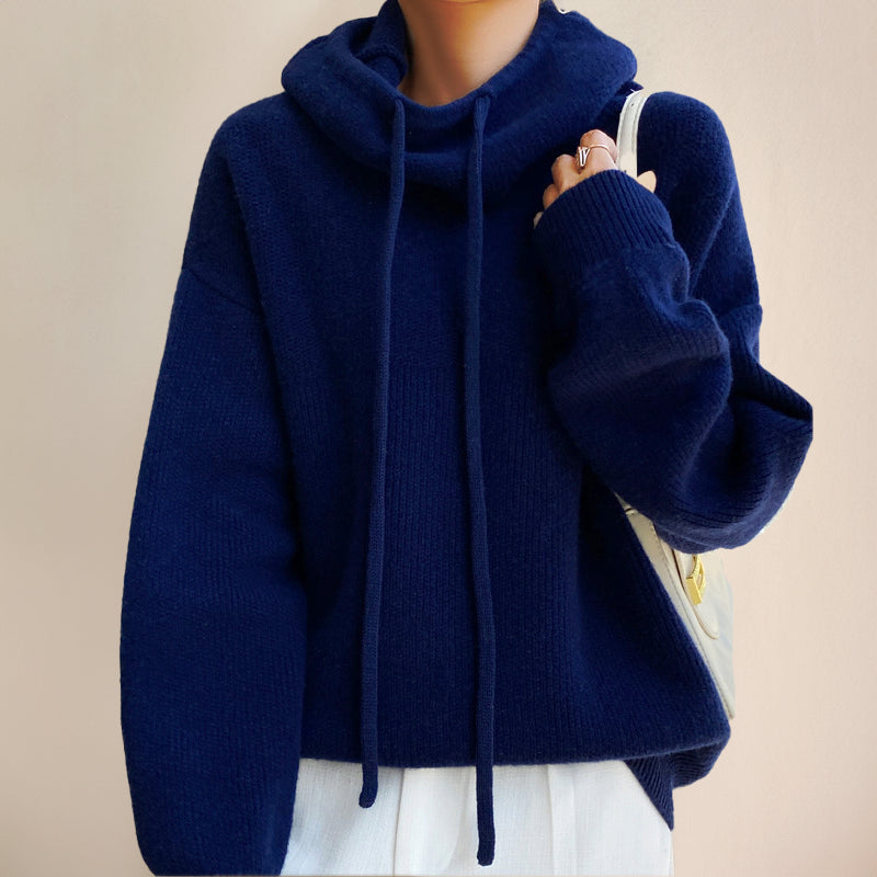 Quenina | Women's Cozy oversized Knit sweater with Cowl Neck and Drawstring Hoodie Detail — Dark Blue