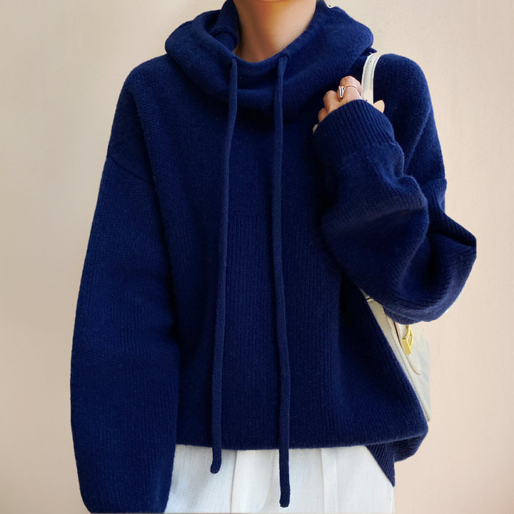 Quenina | Women's Cozy oversized Knit sweater with Cowl Neck and Drawstring Hoodie Detail — Dark Blue