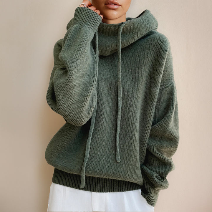 Quenina | Women's Cozy oversized Knit sweater with Cowl Neck and Drawstring Hoodie Detail — Green
