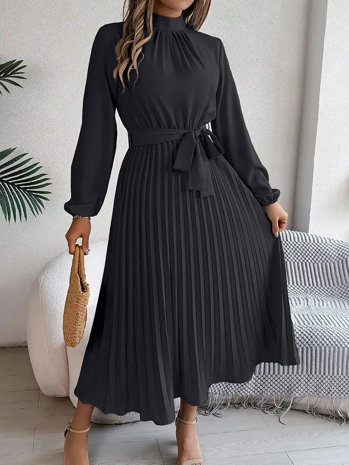 Quenreth | Women's Wedding Guest Elegant Belted Pleated Midi Dress with Long Sleeves Dresses — Black