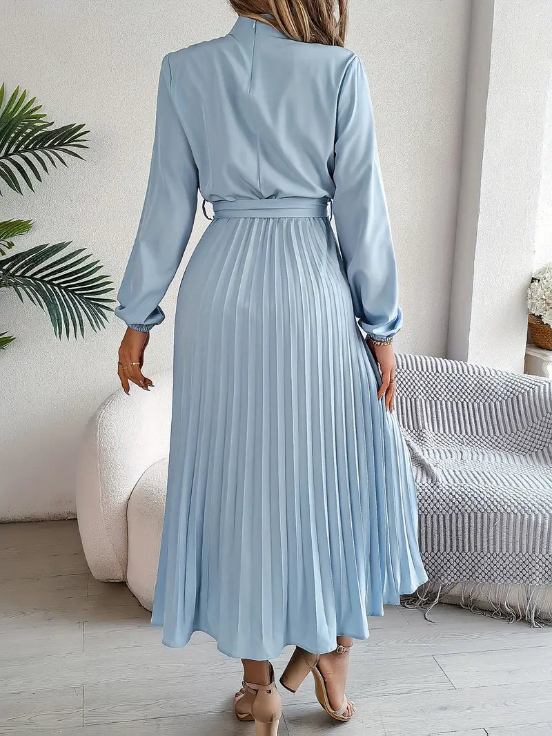 Quenreth | Women's Wedding Guest Elegant Belted Pleated Midi Dress with Long Sleeves Dresses — 2