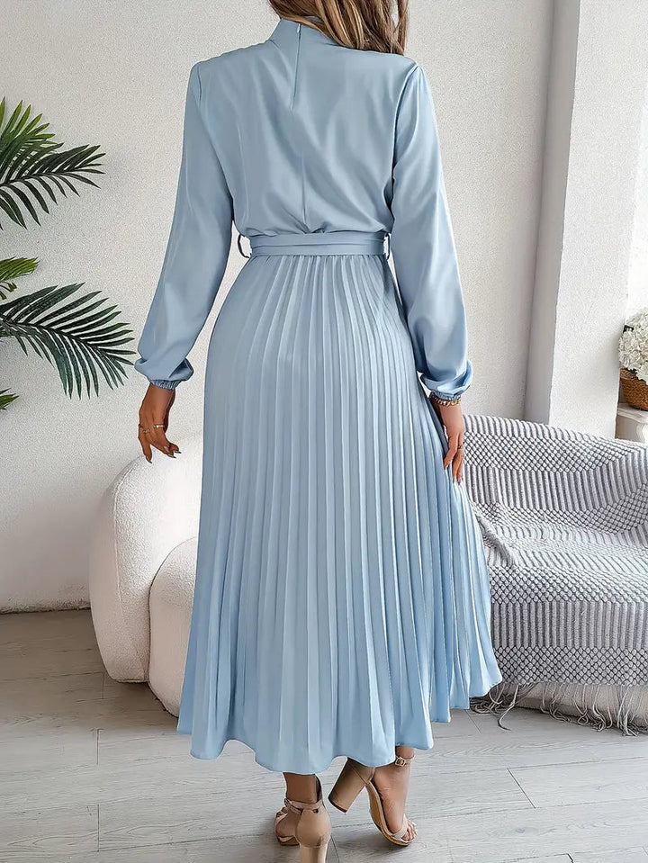 Quenreth | Women's Wedding Guest Elegant Belted Pleated Midi Dress with Long Sleeves Dresses — 2