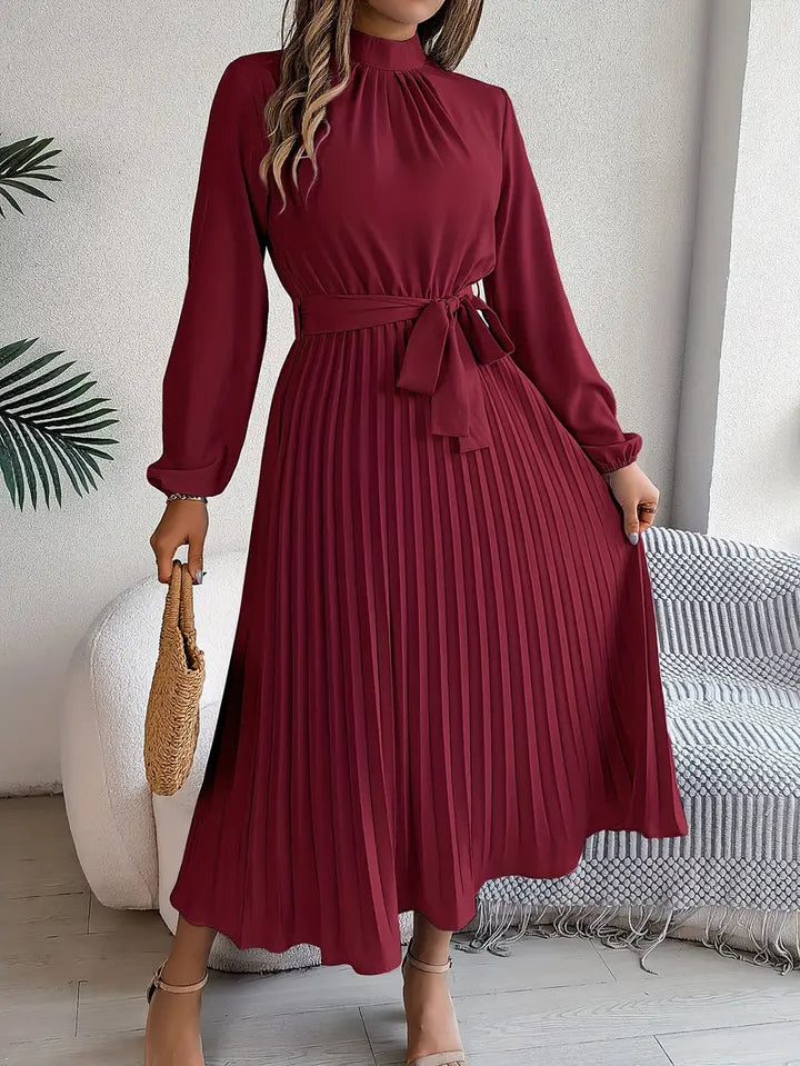 Quenreth | Women's Wedding Guest Elegant Belted Pleated Midi Dress with Long Sleeves Dresses — Burgundy