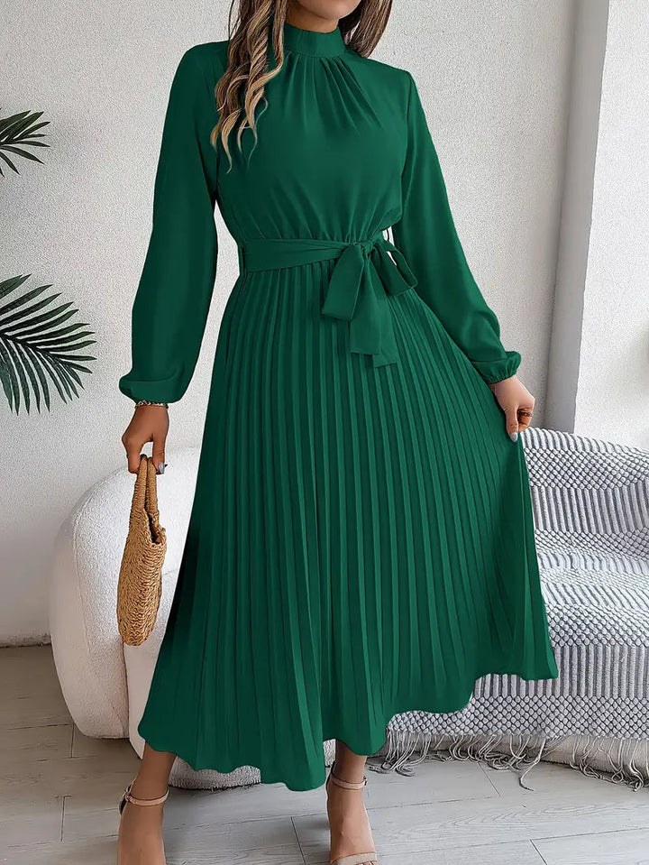Quenreth | Women's Wedding Guest Elegant Belted Pleated Midi Dress with Long Sleeves Dresses — Green