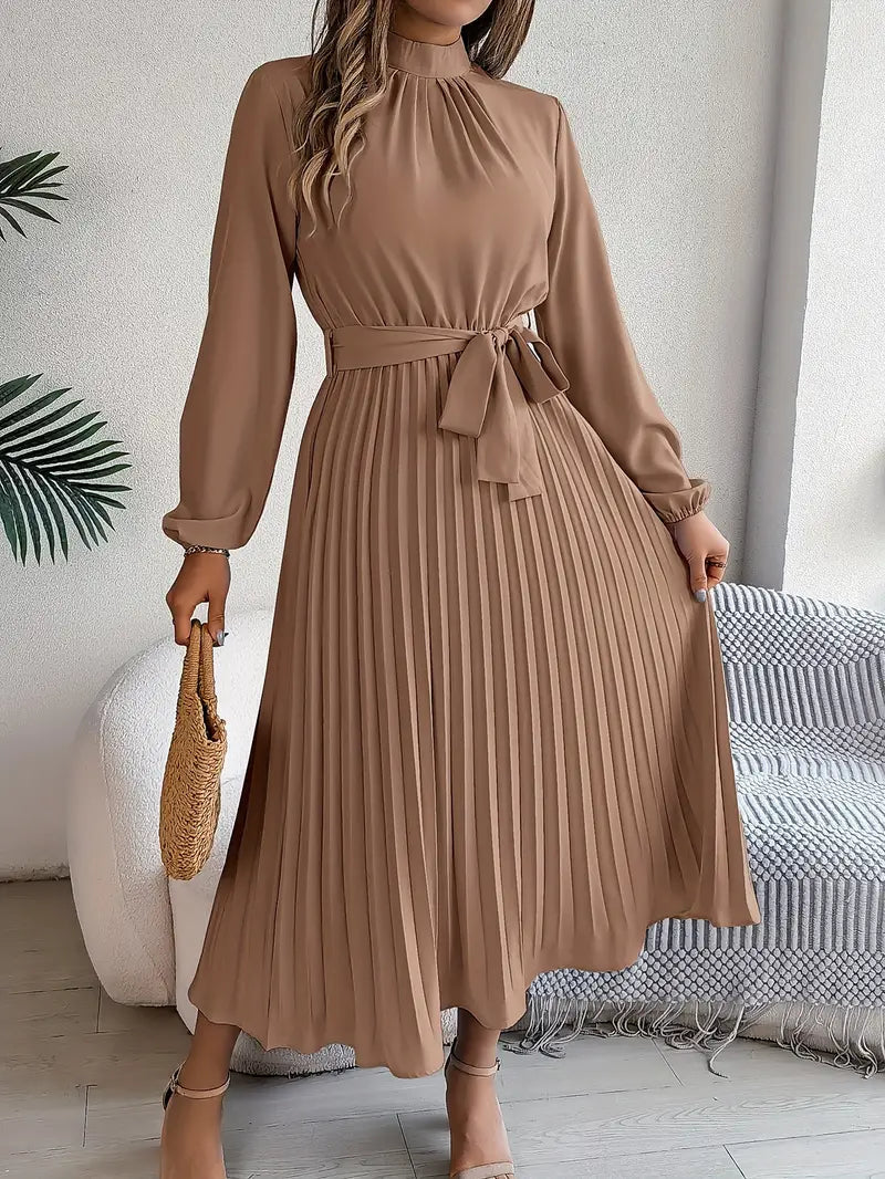 Quenreth | Women's Wedding Guest Elegant Belted Pleated Midi Dress with Long Sleeves Dresses — Khaki