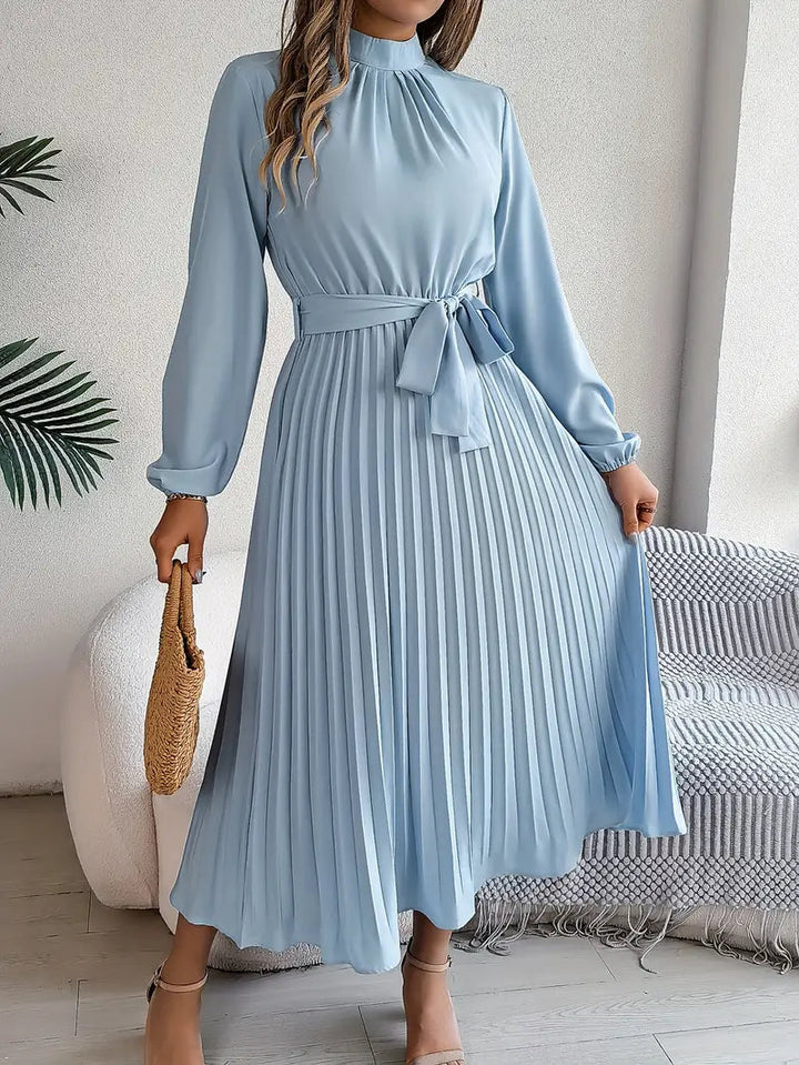 Quenreth | Women's Wedding Guest Elegant Belted Pleated Midi Dress with Long Sleeves Dresses — Light Blue