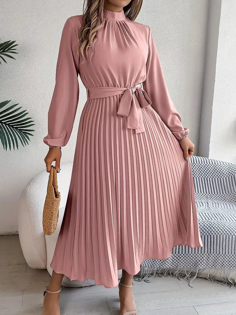 Quenreth | Women's Wedding Guest Elegant Belted Pleated Midi Dress with Long Sleeves Dresses — Pink
